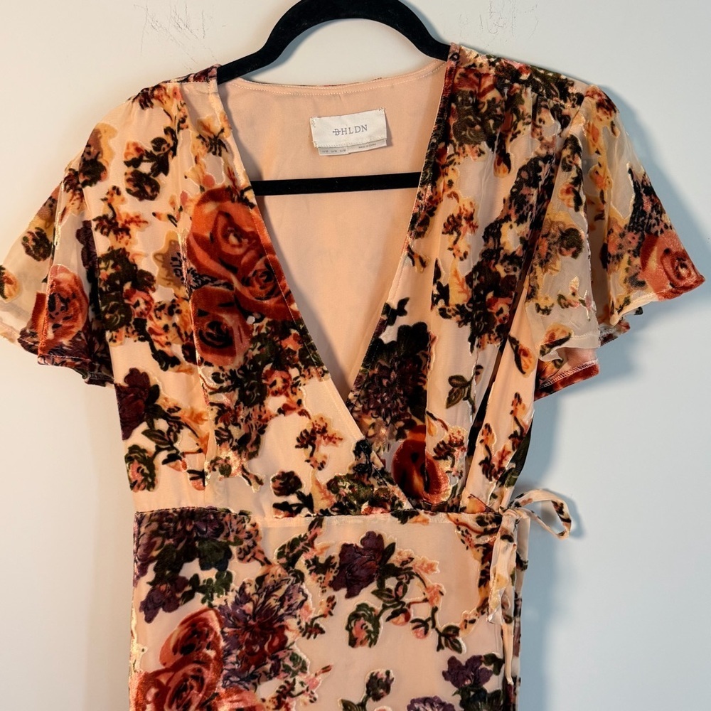 BHLDN Anthro Blush Velvet Burnout Floral Wrap Midi Dress Wedding Bridesmaid MED - Picture 8 of 12